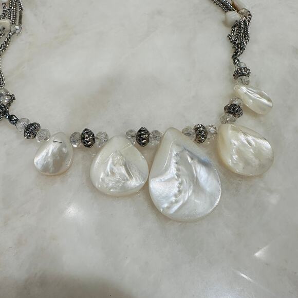 Silver-Tone Multi-Strand Necklace with Mother of Pearl Style Teardrop Drops - Picture 2 of 5